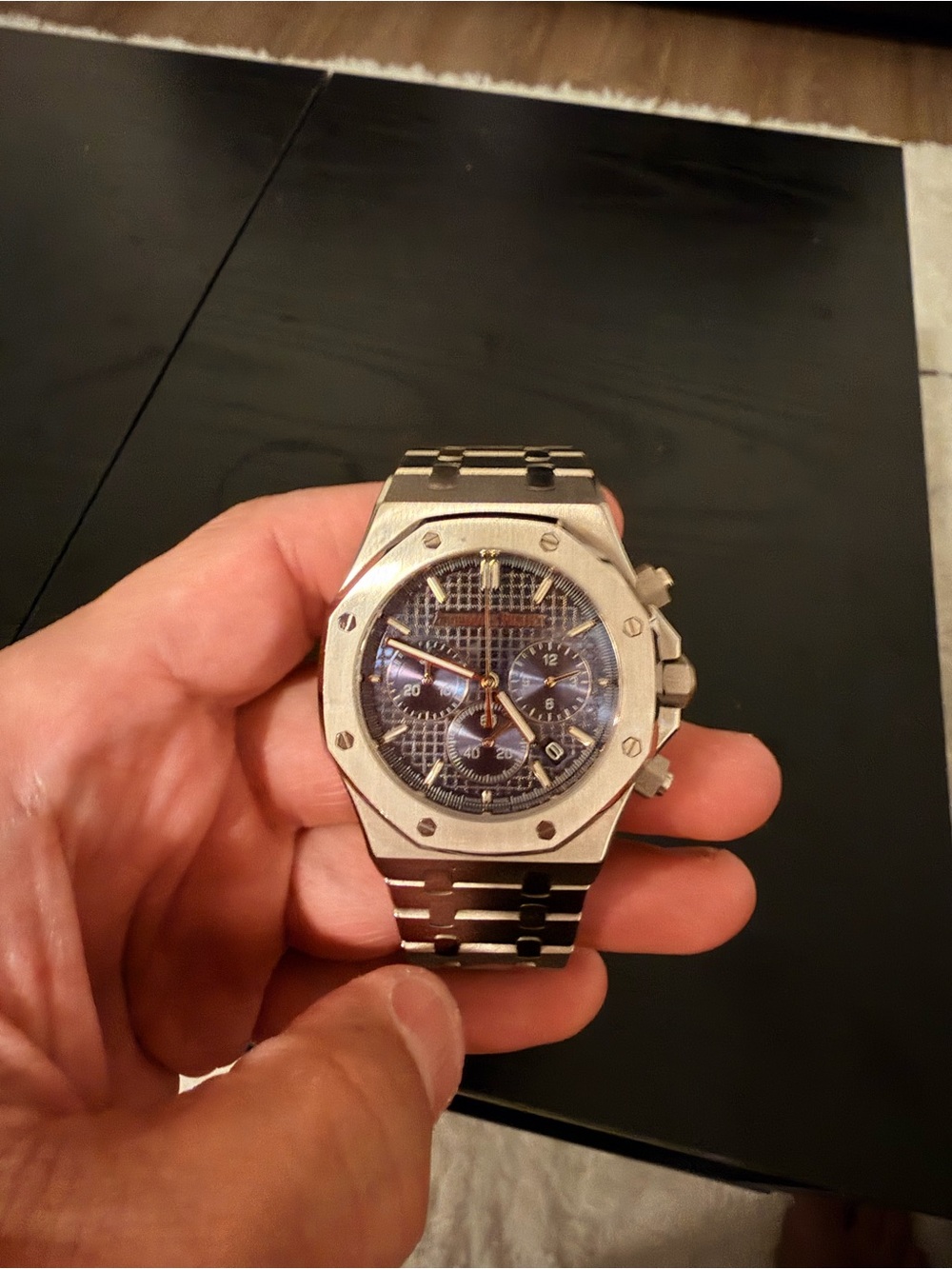 Men's Silver Stainless Steel Chronograph Watch with Blue Dial